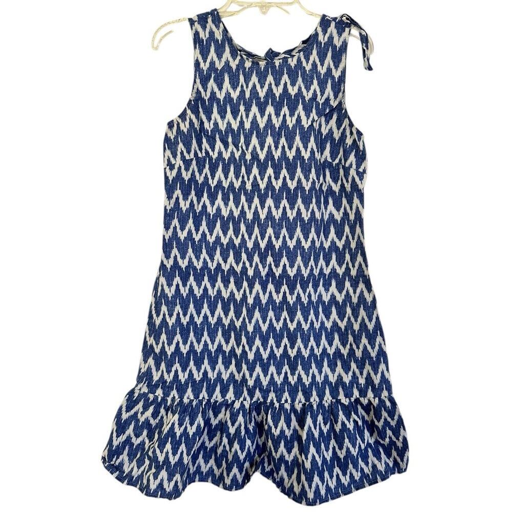 J. Crew Sleeveless Bow Back Chevron Print Linen Ruffled Hem Shift Dress sz XXS